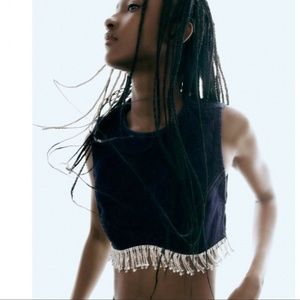 NWT ZARA JEWEL DENIM TOP DARK INDIGO